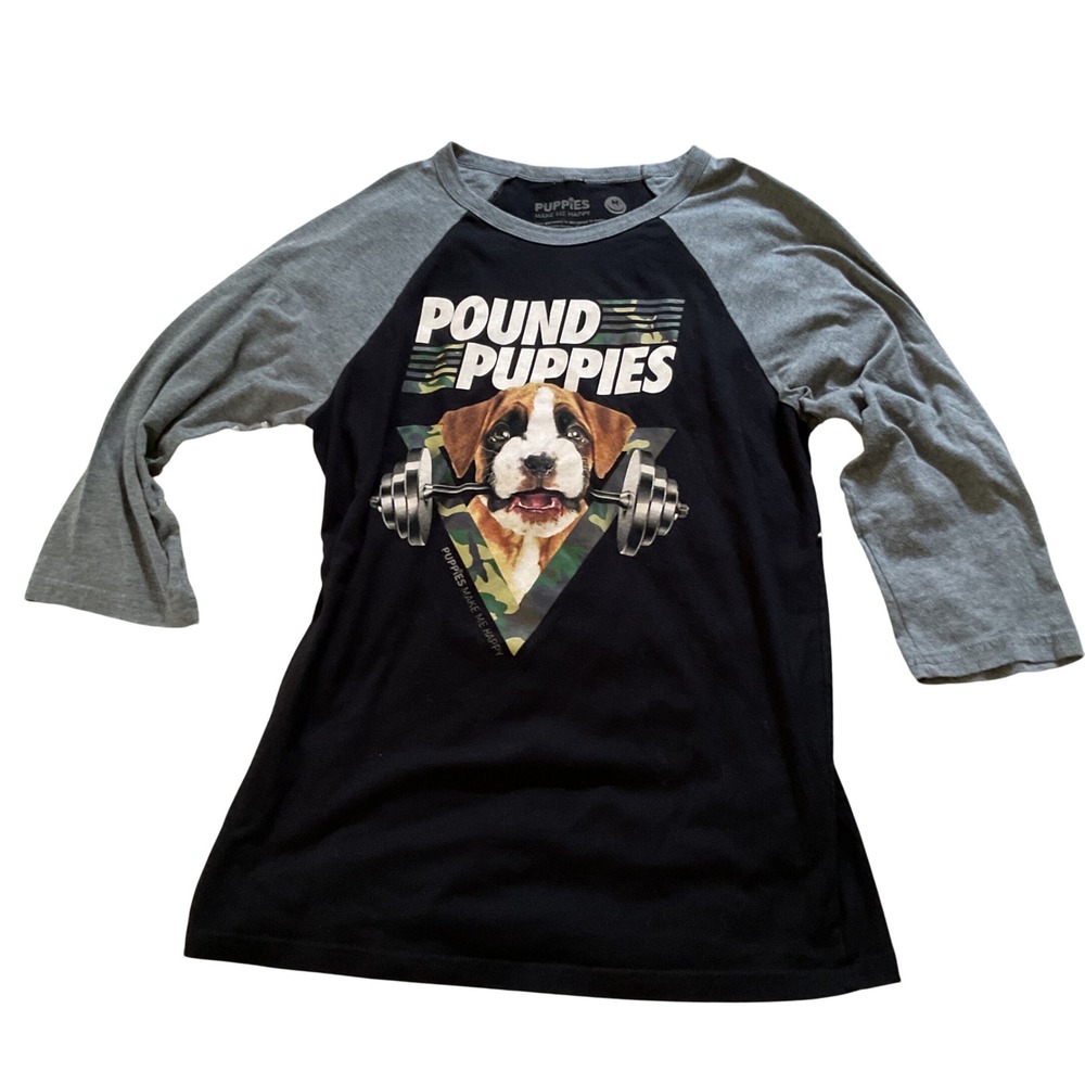 Puppies Make Me Happy Pound Puppies Boxer‎ Dog Gym Raglan Tee Black Grey Medium